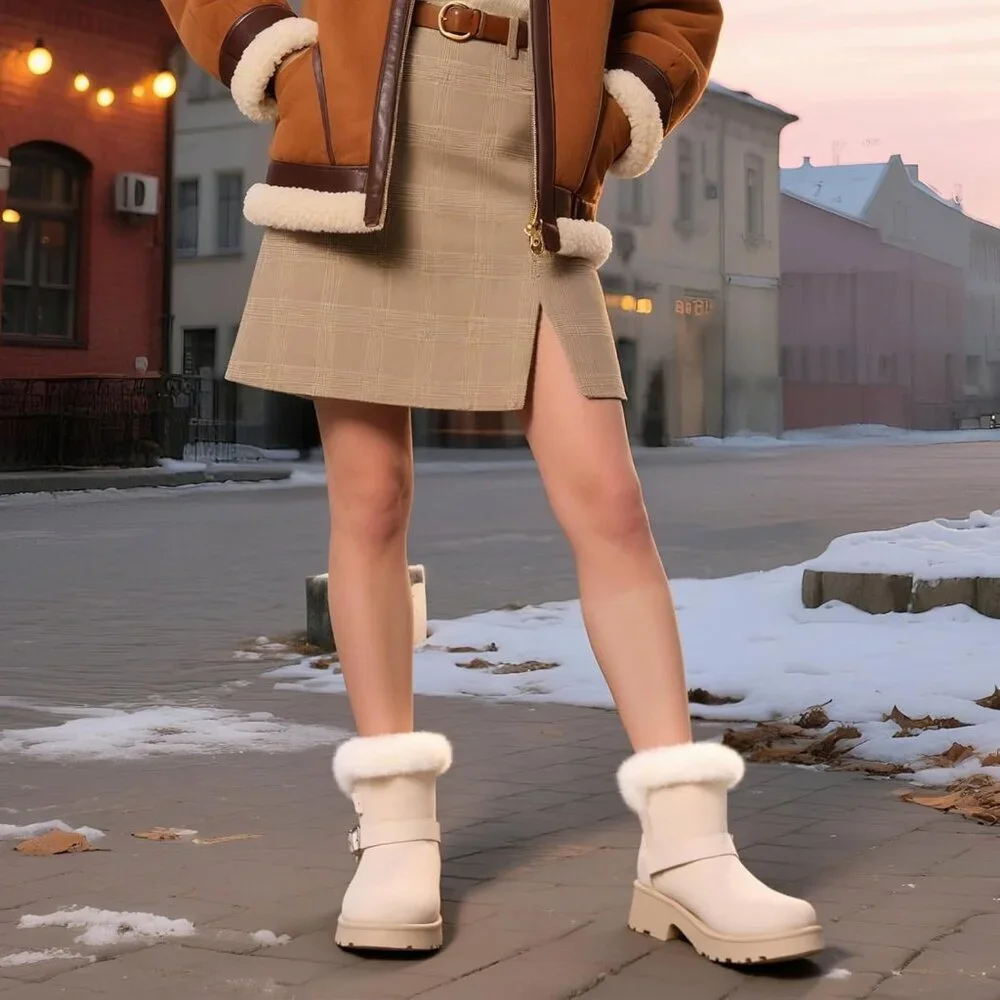 Women's Chunky Low Heel Snow Boots With Fashion Buckle Slip-On Booties Beige